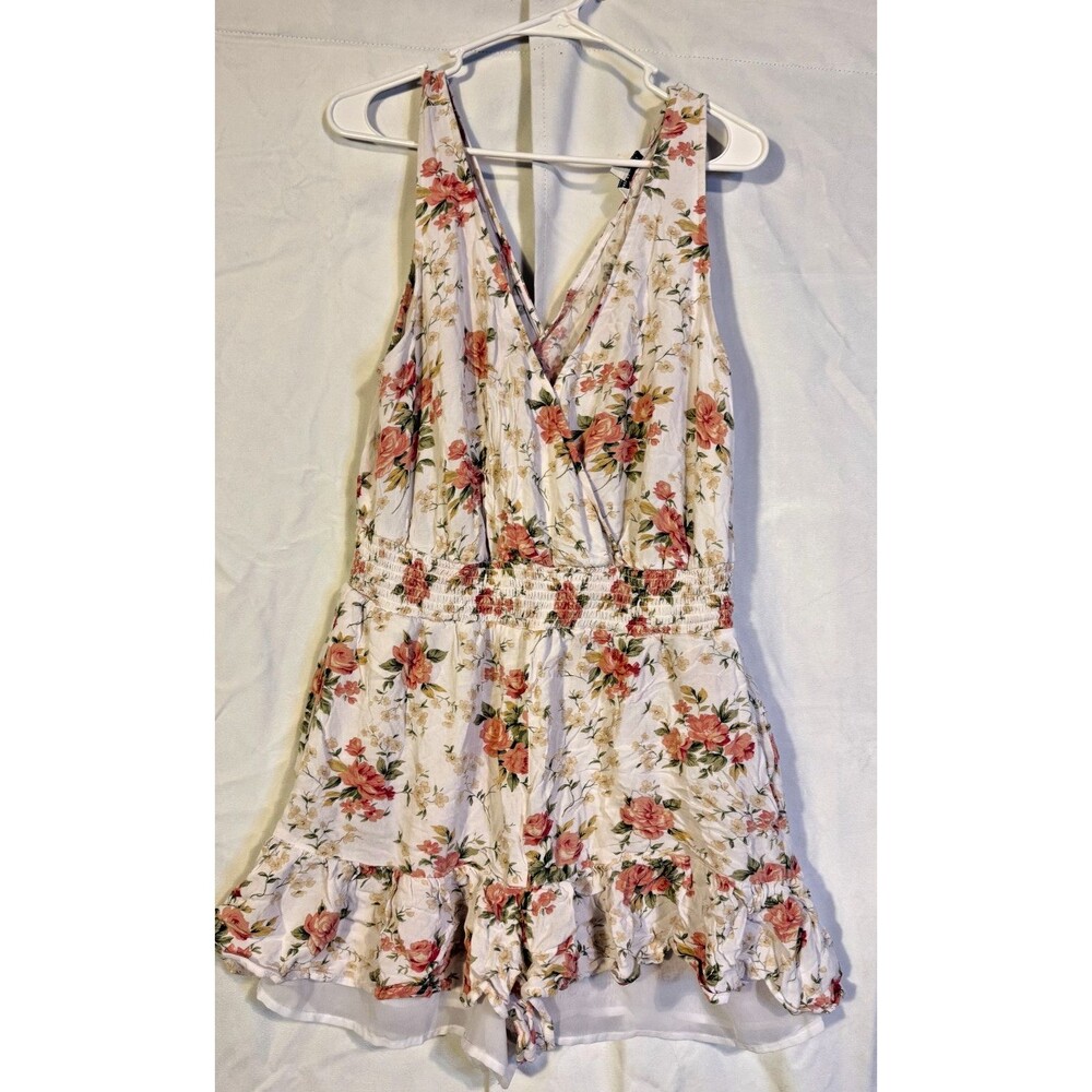 American Eagle Outfitters White Floral Romper with Pink & Green Accents